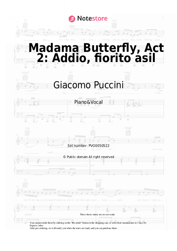 Madama Butterfly, Act 2: Addio, fiorito asil - Giacomo Puccini Piano Sheet Music with the Voice part - Piano&Vocal