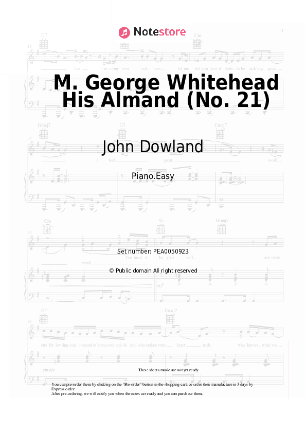 M. George Whitehead His Almand (No. 21) - John Dowland Piano Sheet Music Easy - Piano.Easy