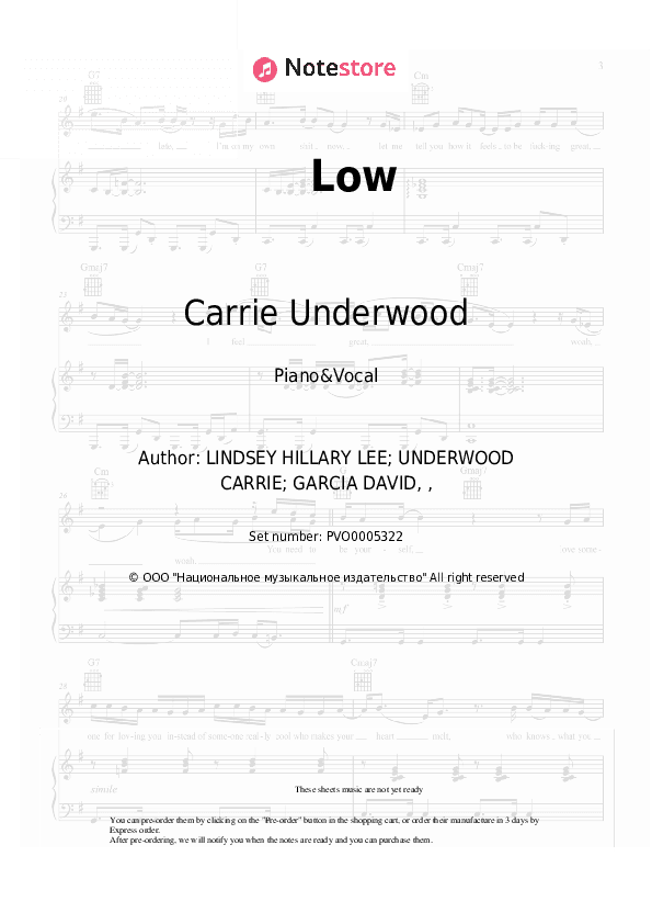 Low - Carrie Underwood Piano Sheet Music with the Voice part - Piano&Vocal