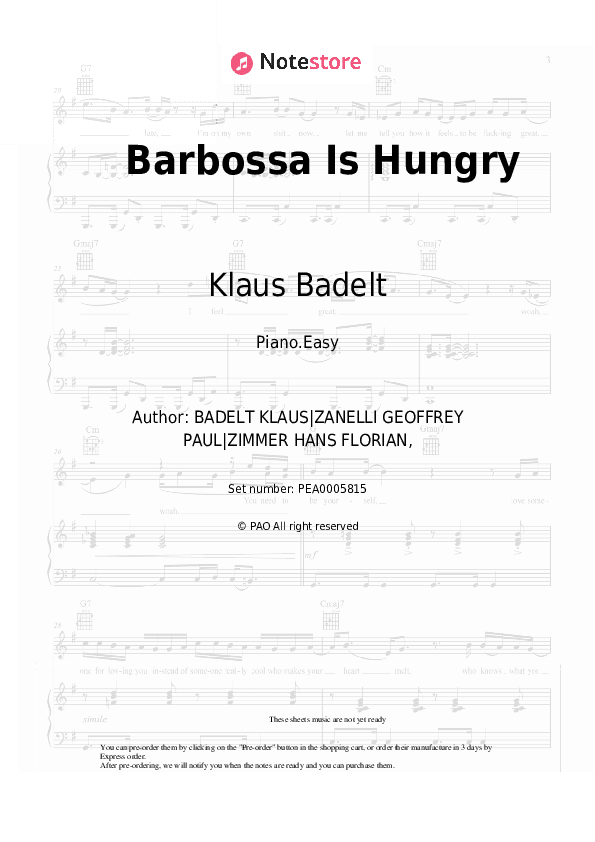 Barbossa Is Hungry - Klaus Badelt Piano Sheet Music Easy - Piano.Easy
