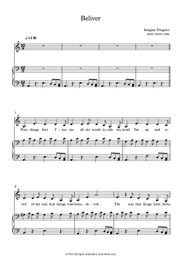 Believer - Imagine Dragons Piano Sheet Music with the Voice part - Piano&Vocal