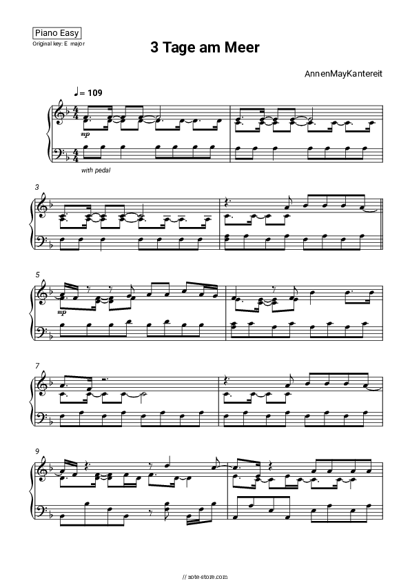 3 Tage am Meer - AnnenMayKantereit Piano Sheet Music Easy - Piano.Easy