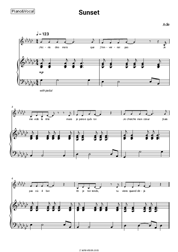 Sunset - Ade Piano Sheet Music with the Voice part - Piano&Vocal