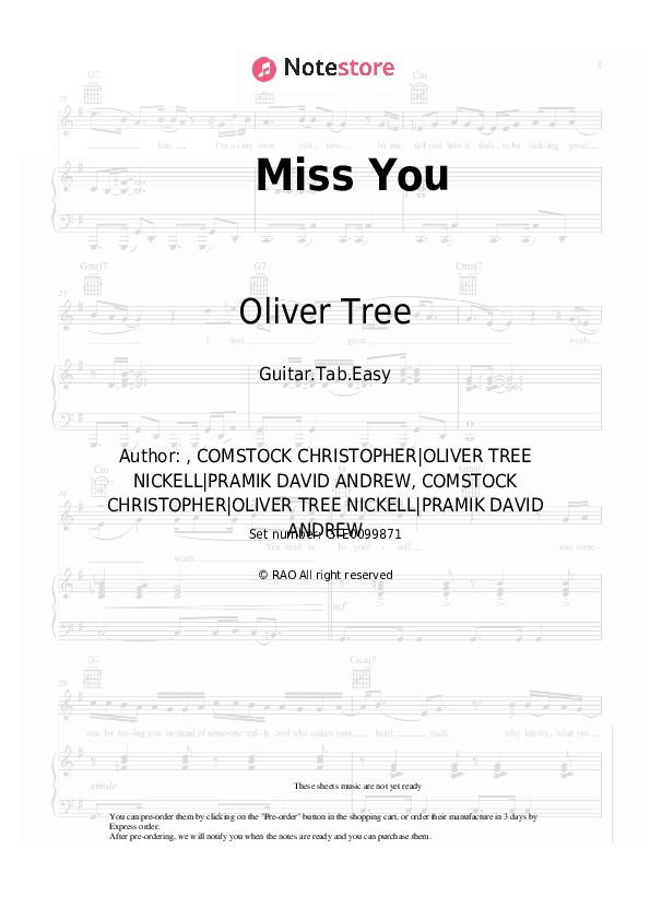 Miss You - Oliver Tree, Robin Schulz Tabs Easy - Guitar.Tab.Easy