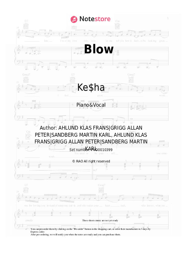 Blow - Ke$ha Piano Sheet Music with the Voice part - Piano&Vocal