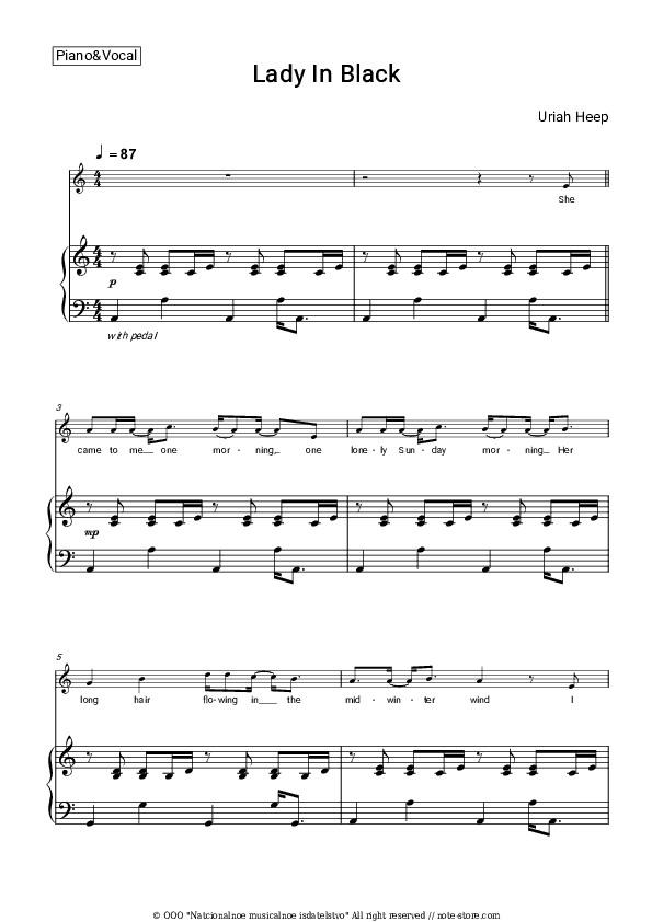 Lady In Black - Uriah Heep Piano Sheet Music with the Voice part - Piano&Vocal