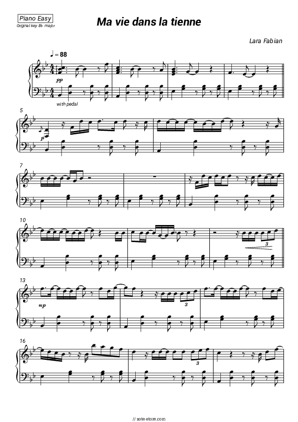Ma vie dans la tienne - Lara Fabian Piano Sheet Music Easy - Piano.Easy