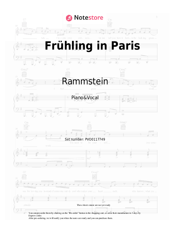 Frühling in Paris - Rammstein Piano Sheet Music with the Voice part - Piano&Vocal
