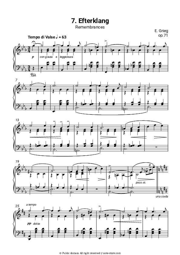 Lyric Pieces, Op.71. No. 7 Remembrances - Edvard Hagerup Grieg Piano Sheet Music - Piano.Solo