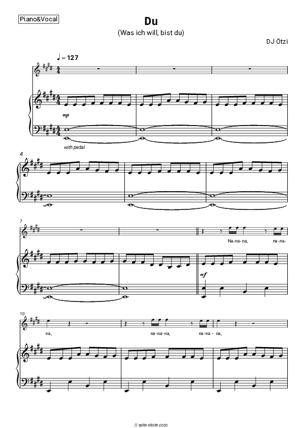 Du (Was ich will, bist du) - DJ Ötzi Piano Sheet Music with the Voice part - Piano&Vocal