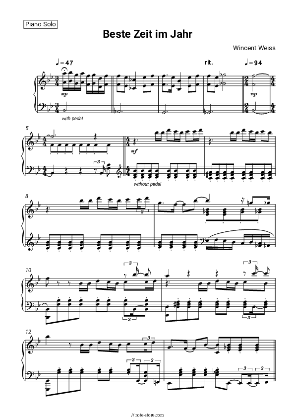 Beste Zeit im Jahr - Wincent Weiss Piano Sheet Music - Piano.Solo