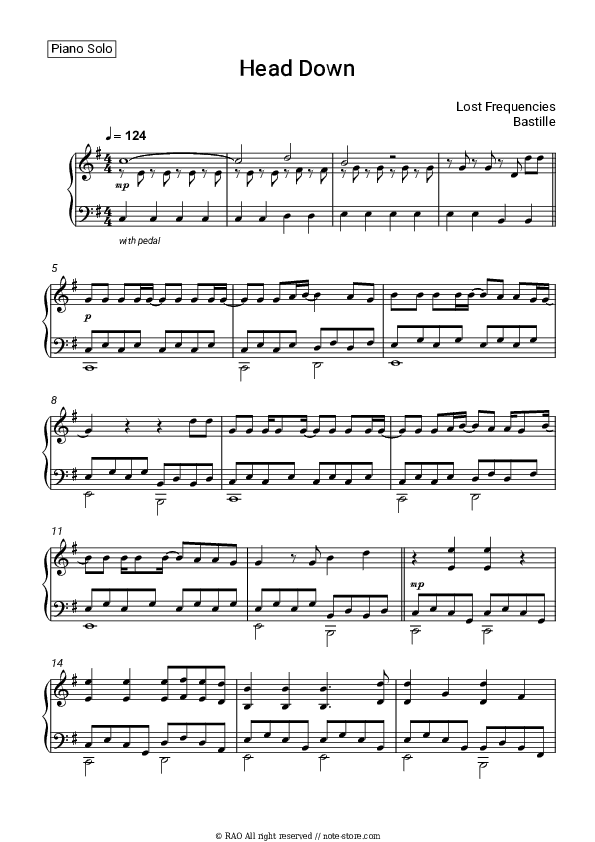 Head Down - Lost Frequencies, Bastille Piano Sheet Music - Piano.Solo