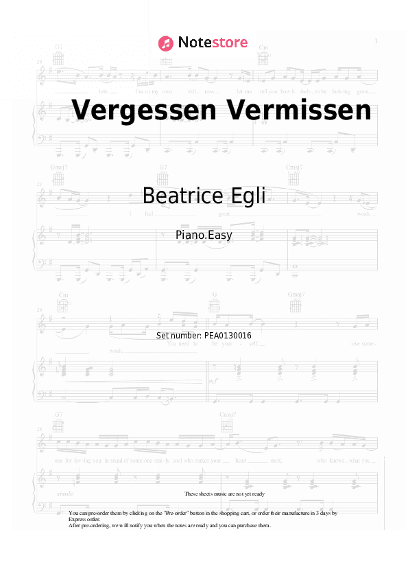 Vergessen Vermissen - Beatrice Egli Piano Sheet Music Easy - Piano.Easy