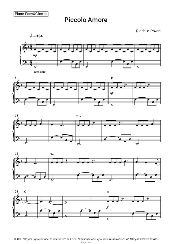 Piccolo Amore - Ricchi e Poveri Sheet Music Easy and Chords - Piano.Easy&Chords
