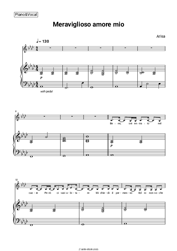 Meraviglioso amore mio - Arisa Piano Sheet Music with the Voice part - Piano&Vocal