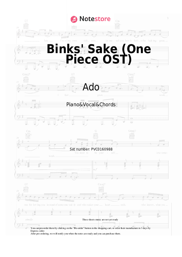 Binks' Sake (One Piece OST) - Ado Piano Sheet Music with the Vocal and Chords - Piano&Vocal&Chords