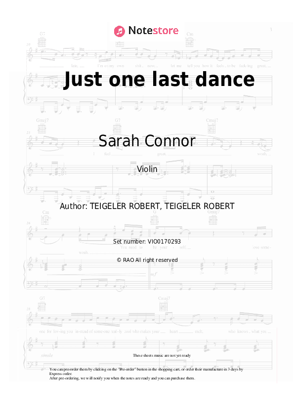 Just one last dance - Sarah Connor, Natural Violin Sheet Music - Violin