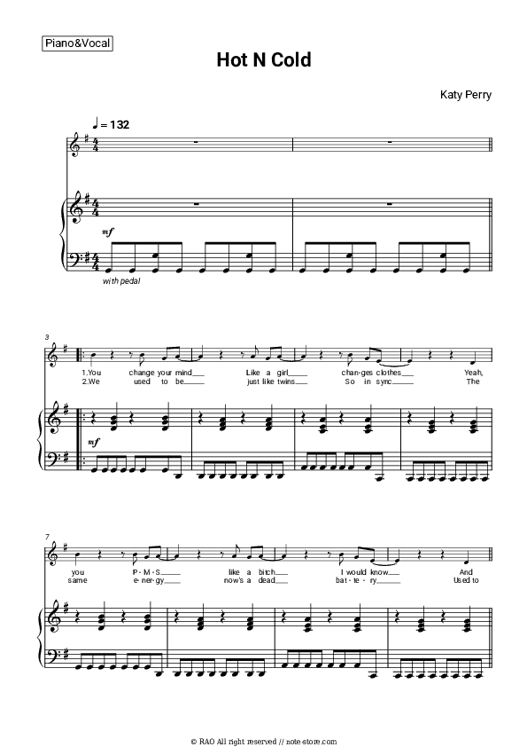 Hot N Cold - Katy Perry Piano Sheet Music with the Voice part - Piano&Vocal