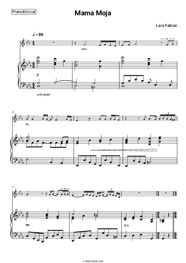 Moma Moja - Lara Fabian, Igor Krutoy Piano Sheet Music with the Voice part - Piano&Vocal