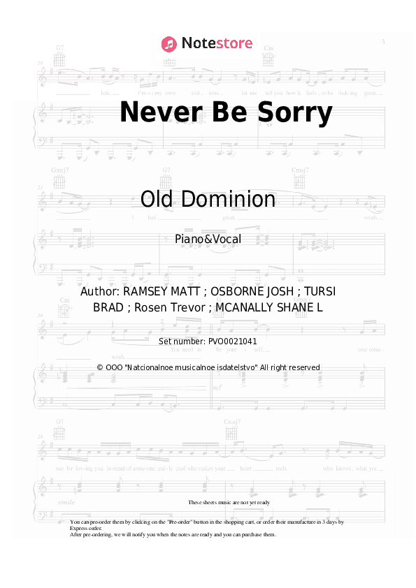 Never Be Sorry - Old Dominion Piano Sheet Music with the Voice part - Piano&Vocal