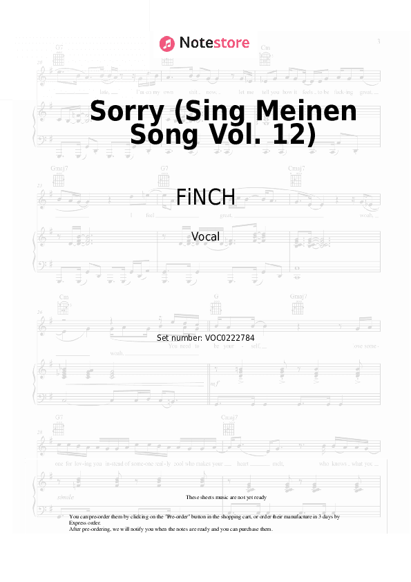 Sorry (Sing Meinen Song Vol. 12) - FiNCH Vocal Sheet Music - Vocal