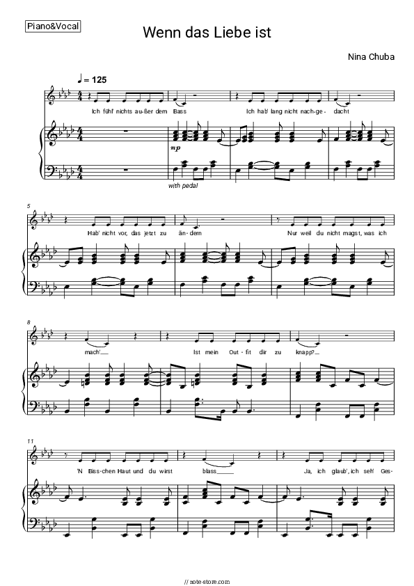 Wenn das Liebe ist - Nina Chuba Piano Sheet Music with the Voice part - Piano&Vocal