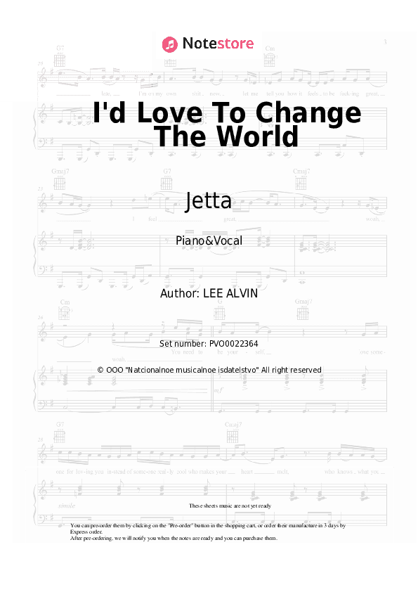 I'd Love To Change The World - Jetta Piano Sheet Music with the Voice part - Piano&Vocal