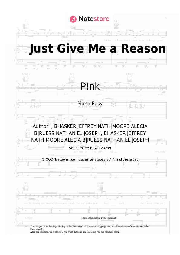 Just Give Me a Reason - P!nk Piano Sheet Music Easy - Piano.Easy