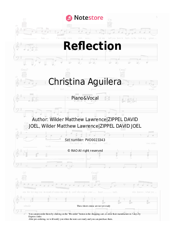Reflection - Christina Aguilera Piano Sheet Music with the Voice part - Piano&Vocal