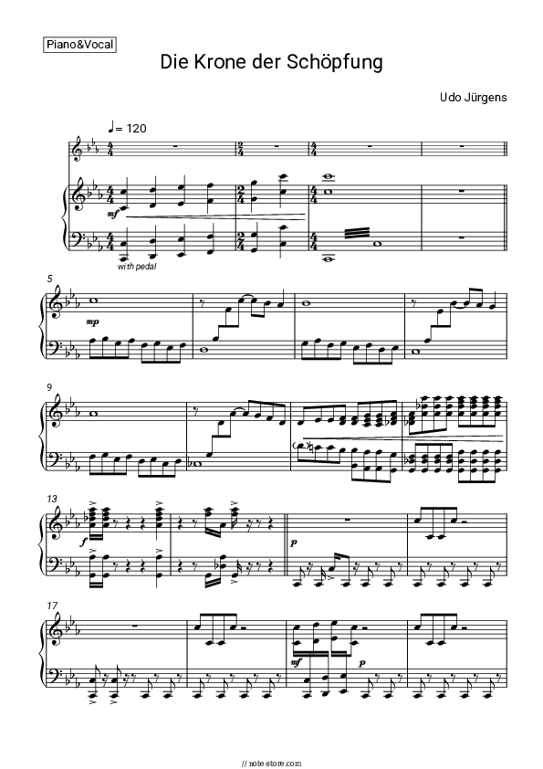 Die Krone der Schöpfung - Udo Jürgens Piano Sheet Music with the Voice part - Piano&Vocal