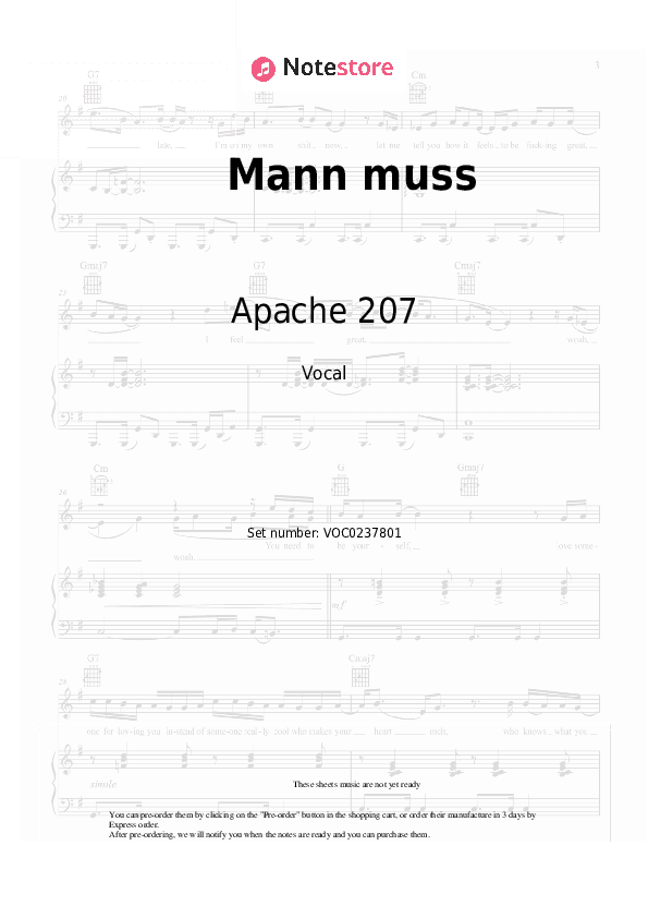 Mann muss - Apache 207 Vocal Sheet Music - Vocal