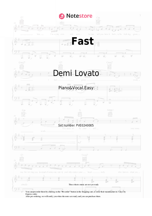 Fast - Demi Lovato Piano Sheet Music Easy and Vocal - Piano&Vocal.Easy