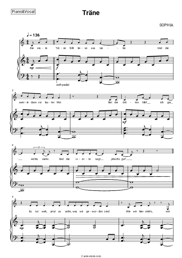 Trane - SOPHIA Piano Sheet Music with the Voice part - Piano&Vocal