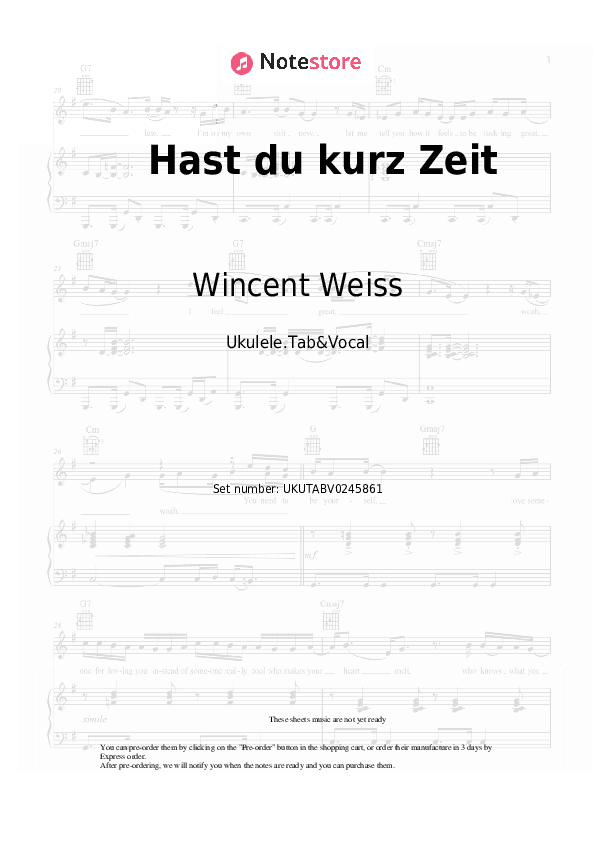 Hast du kurz Zeit - Wincent Weiss Sheet Music - Ukulele.Tab&Vocal