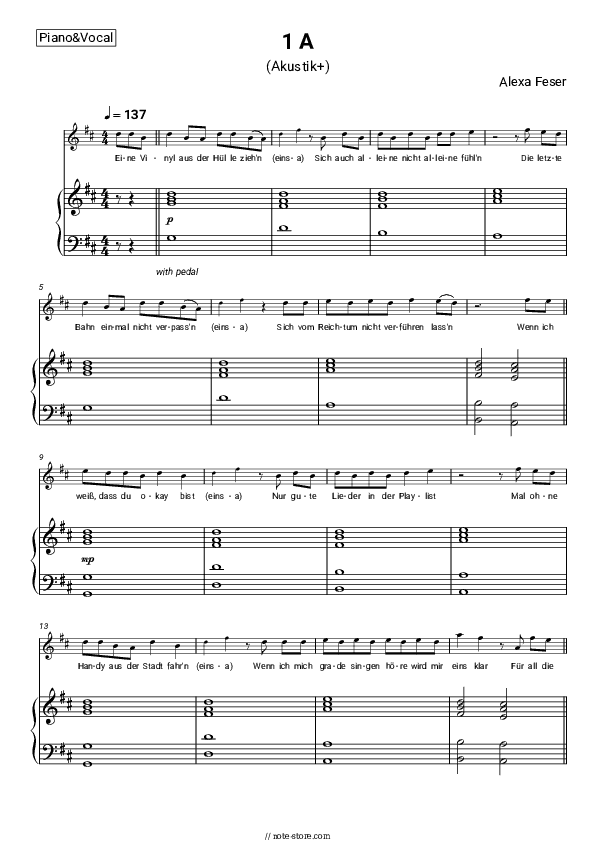 1A (Akustik+) - Alexa Feser Piano Sheet Music with the Voice part - Piano&Vocal