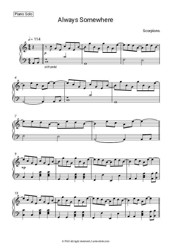 Always Somewhere - Scorpions Piano Sheet Music - Piano.Solo