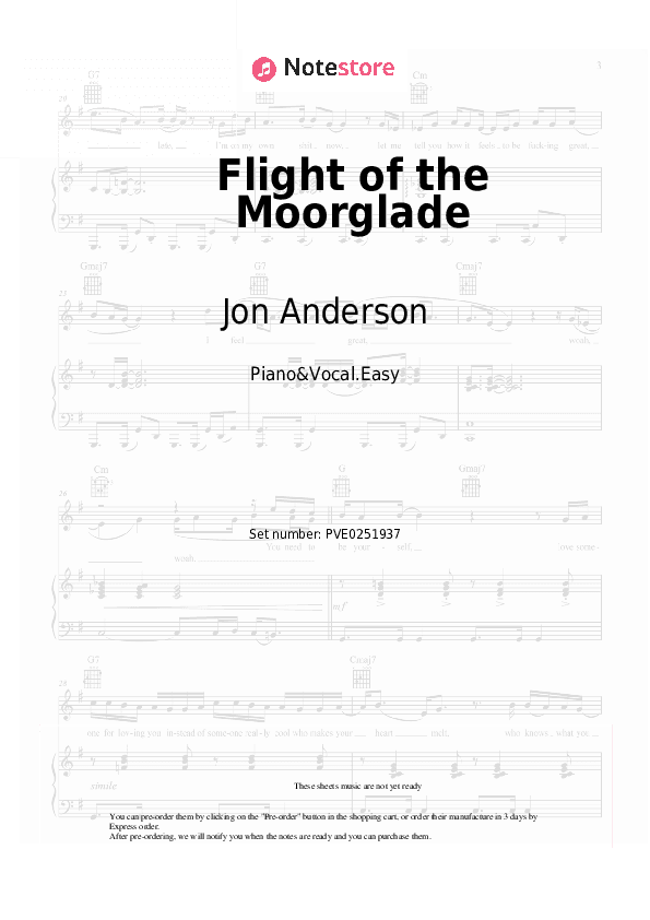 Flight of the Moorglade - Jon Anderson Piano Sheet Music Easy and Vocal - Piano&Vocal.Easy