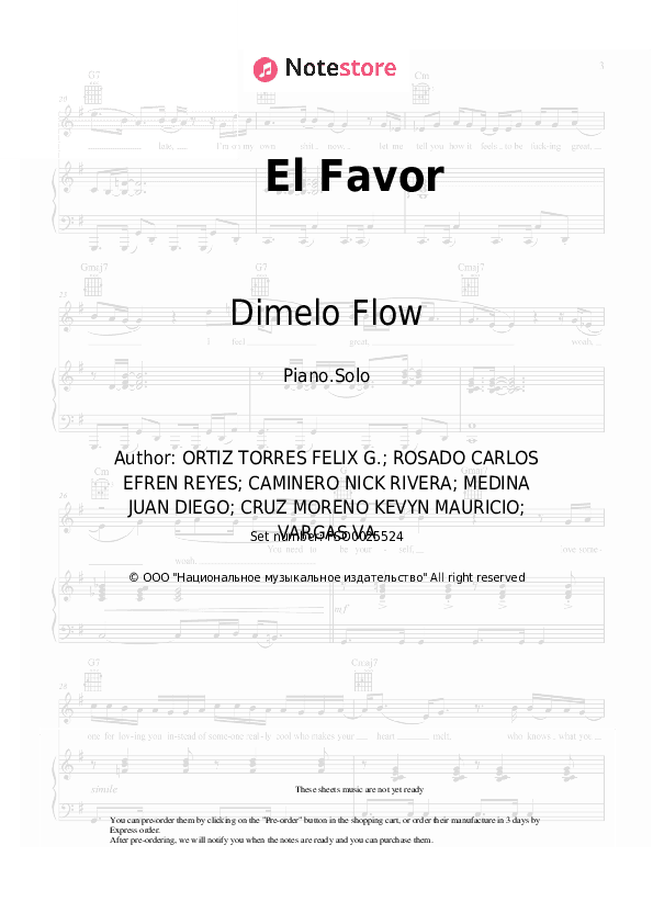 El Favor - Dimelo Flow, Nicky Jam, Sech, Zion, Lunay, Farruko Piano Sheet Music - Piano.Solo