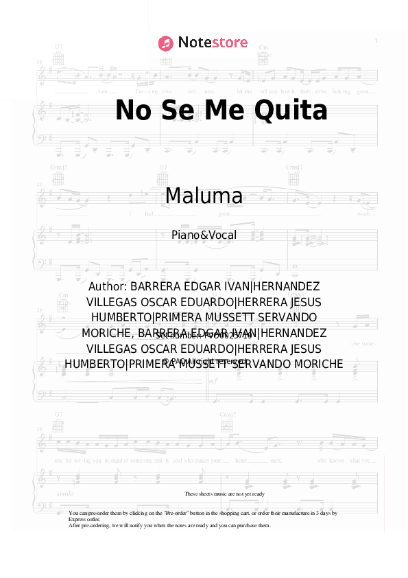No Se Me Quita - Maluma, Ricky Martin Piano Sheet Music with the Voice part - Piano&Vocal