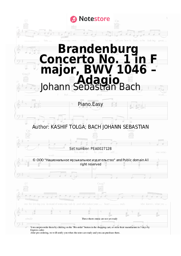 Brandenburg Concerto No. 1 in F major, BWV 1046 – Adagio - Johann Sebastian Bach Piano Sheet Music Easy - Piano.Easy