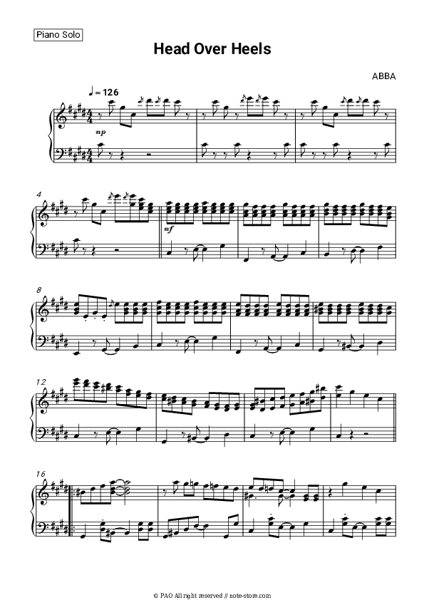 Head Over Heels - ABBA Piano Sheet Music - Piano.Solo