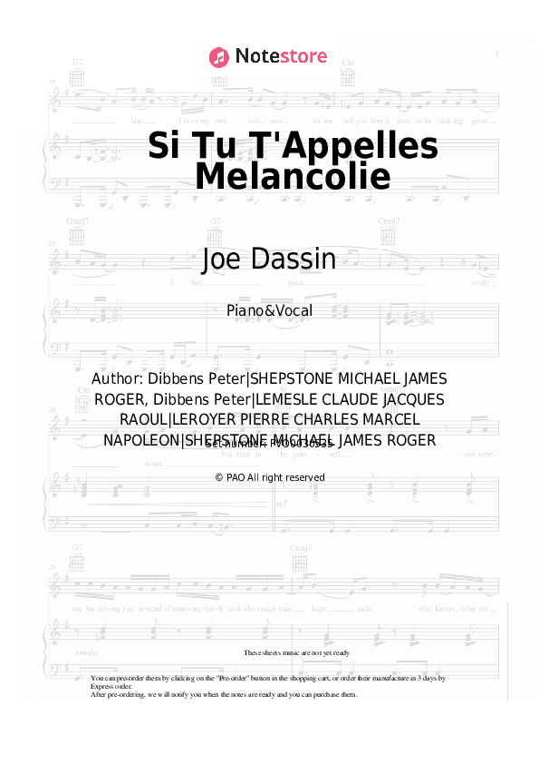 Si Tu T'Appelles Melancolie - Joe Dassin Piano Sheet Music with the Voice part - Piano&Vocal