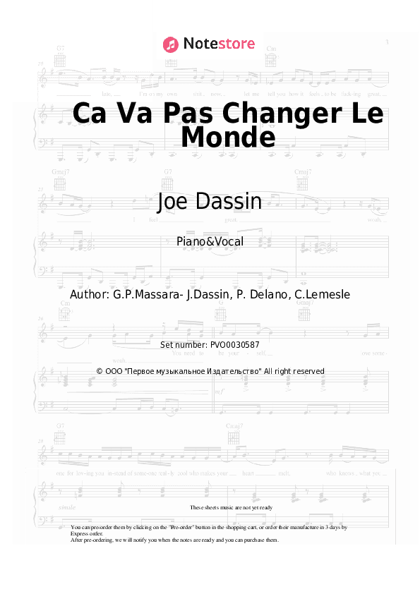 Ca Va Pas Changer Le Monde - Joe Dassin Piano Sheet Music with the Voice part - Piano&Vocal