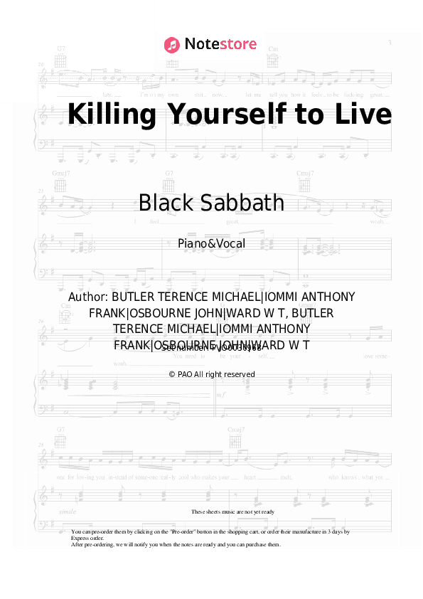 Killing Yourself to Live - Black Sabbath Piano Sheet Music with the Voice part - Piano&Vocal