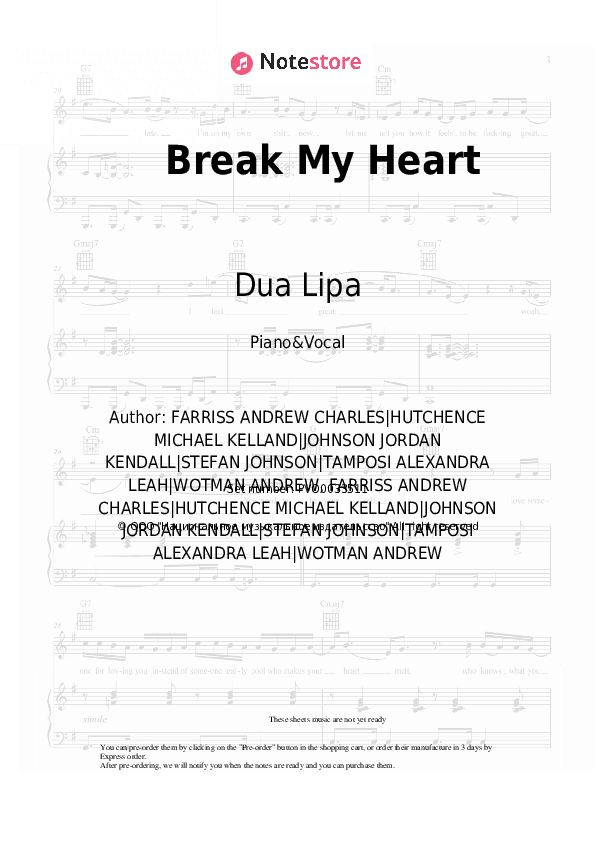 Break My Heart - Dua Lipa Piano Sheet Music with the Voice part - Piano&Vocal