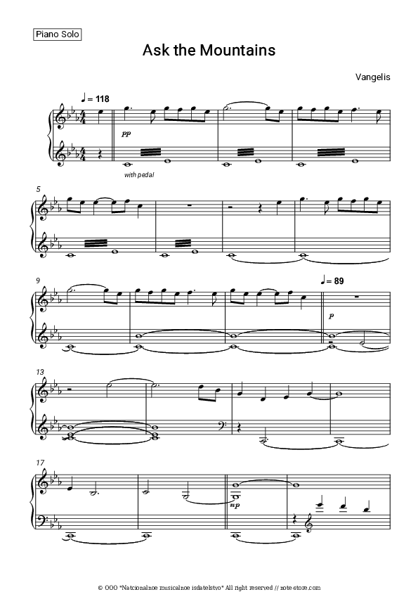 Ask the Mountains - Vangelis Piano Sheet Music - Piano.Solo