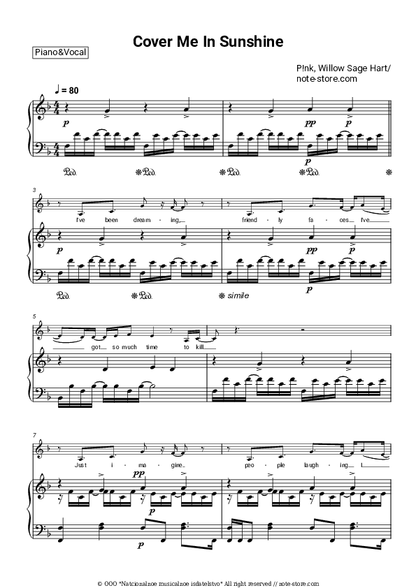 Cover Me In Sunshine - , Piano Sheet Music with the Voice part - Piano&Vocal