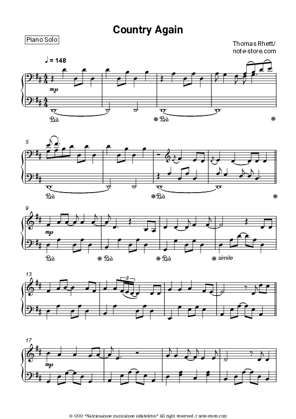 Country Again - Thomas Rhett Piano Sheet Music - Piano.Solo