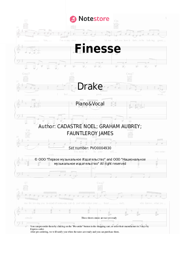 Finesse - Drake Piano Sheet Music with the Voice part - Piano&Vocal