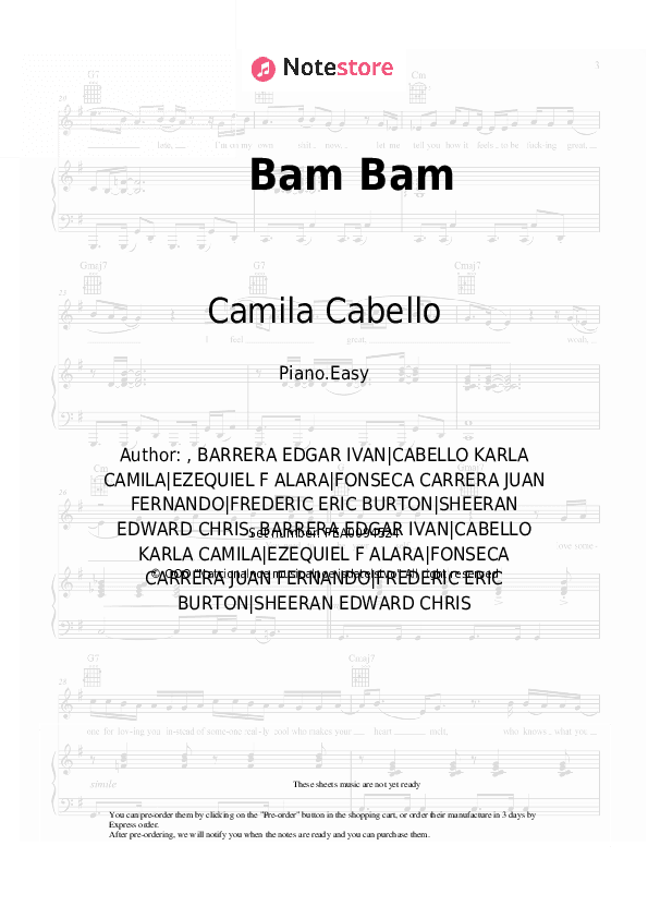 Bam Bam - Camila Cabello, Ed Sheeran Piano Sheet Music Easy - Piano.Easy